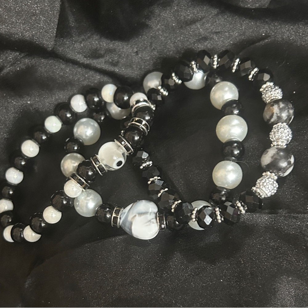 Elegant Black and Silver Beaded Bracelet Set